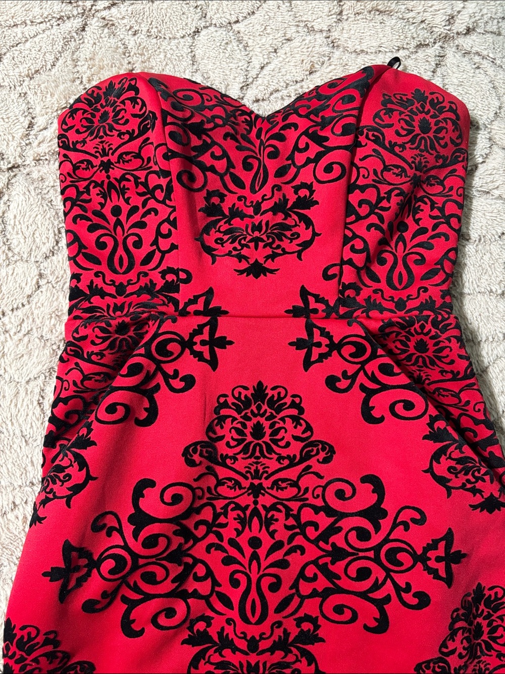 B Darlin Strapless Red and Black Flocked Pattern Dress